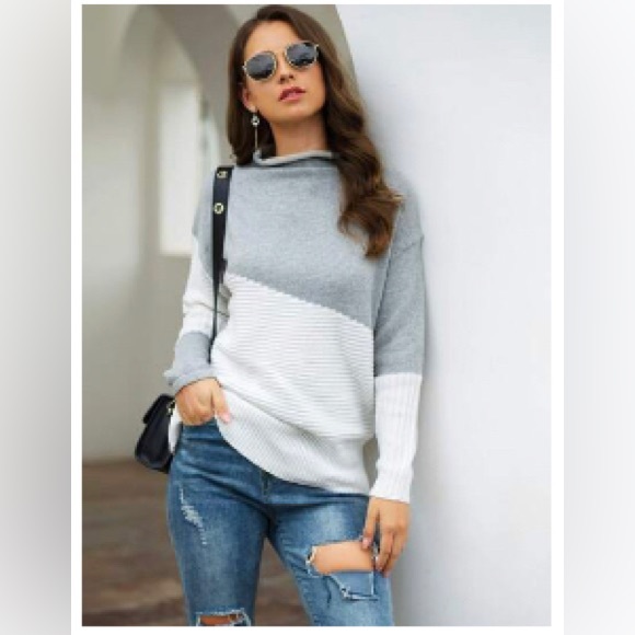 🌟HP Two Tone Colour Block Mock Neck Drop Shoulder Sweater | White Grey | Size M - Picture 1 of 4